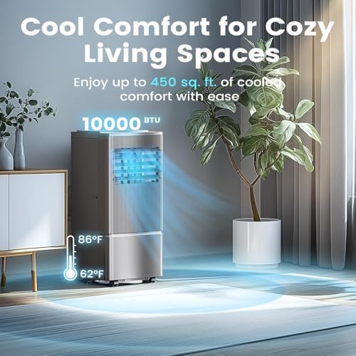 Air Choice 10000 BTU Portable Air Conditioner, Air Conditioner Portable for Room Up to 450 Sq.Ft, 24H Timer, 3-in-1 AC Unit with Dehumidifier & Fan Modes, Window Kit for Home Office, Metallic Grey