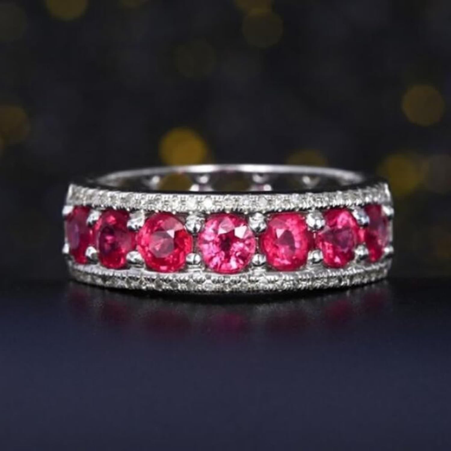 18K White Gold Ring Wedding Band, Women's Rings Lab Created Ruby Drill Row White Gold Jewelry with Moissanite for Engagement