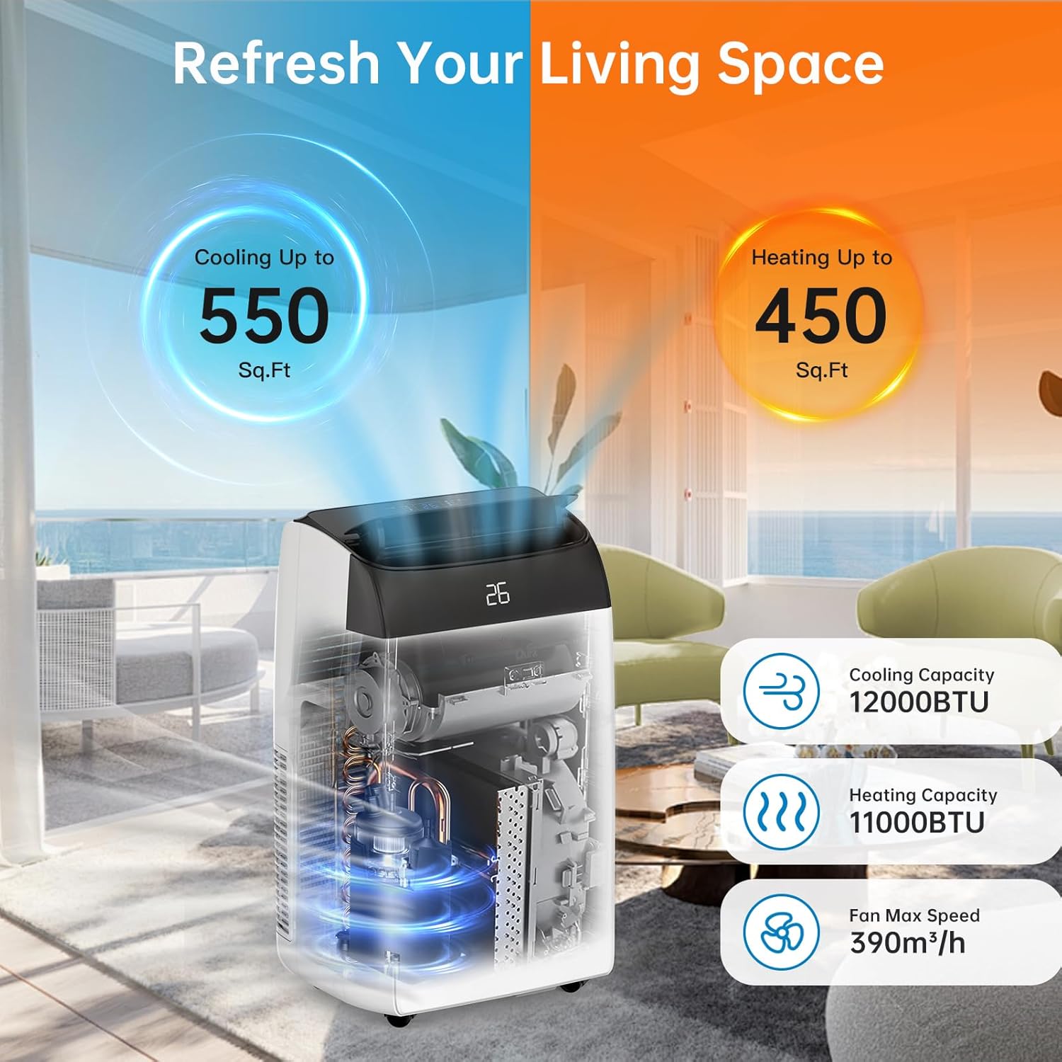 12000 BTU Portable Air Conditioner - Cooler Dual Hose Inverter,Heater,Dehumidifier & Fan w Remote Control,Floor AC Unit Sleep Mode 42db,24H Timer,Cool Room up to 750 Sq Ft w Window Kit