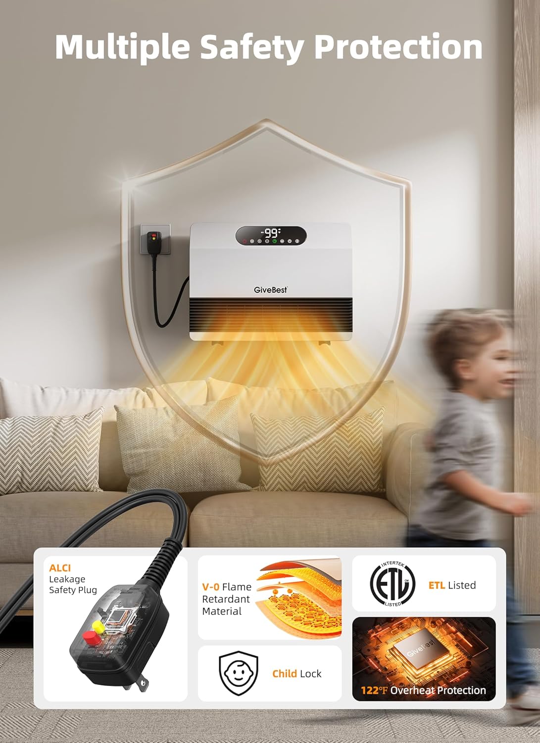 GiveBest Wall Heater, 1500W Electric Space Heater for Bedroom Bathroom with ALCI Plug, Heater with Remote Control for Office Dorm Use, Adjustable Thermostat, 12H Timers, Compatible with Alexa, White