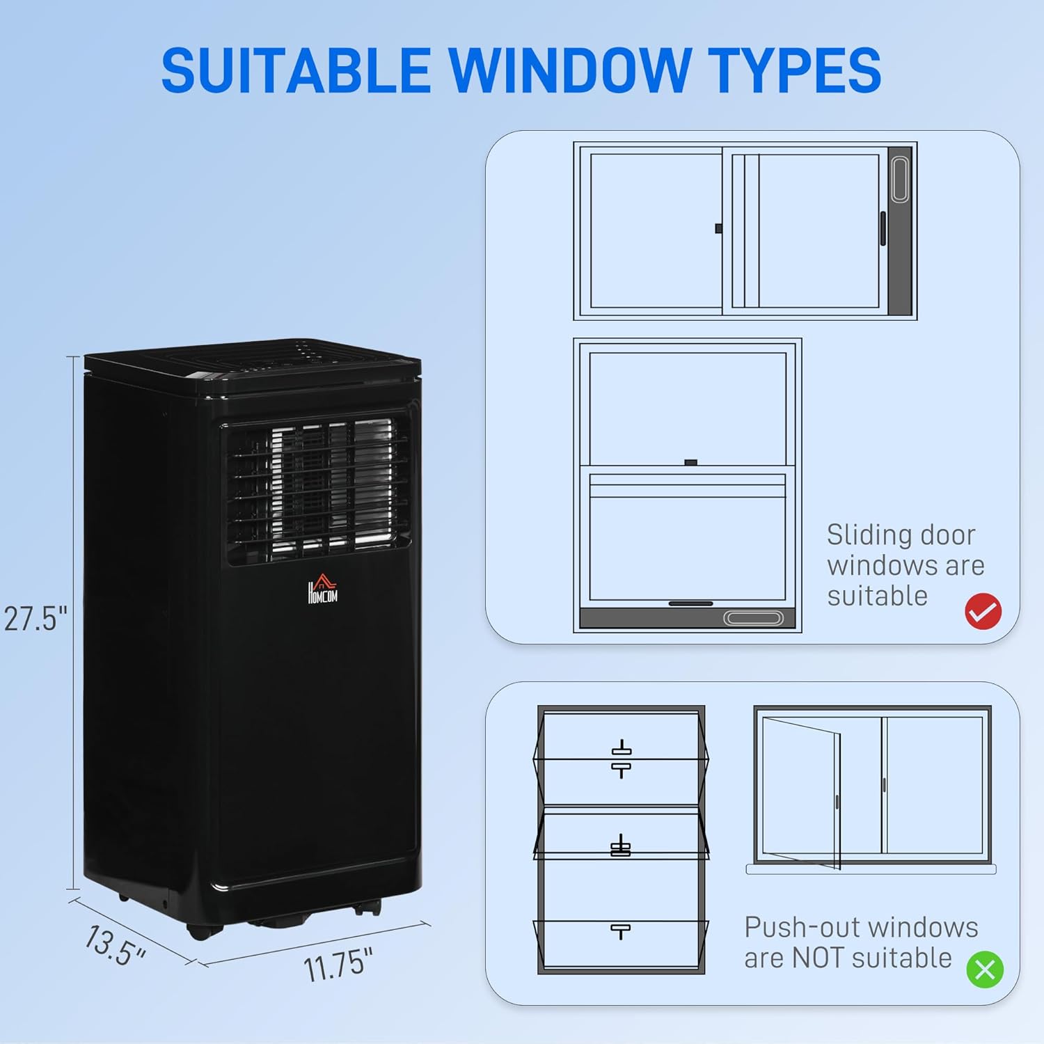 HOMCOM 8000 BTU Portable Air Conditioner, for Rooms Up to 344 Sq. Ft., 3-in-1 Portable AC Unit with Dehumidifier, Cooling Fan, Sleep, 24H Timer On/off, Remote, Window Installation Kits, Deep Black