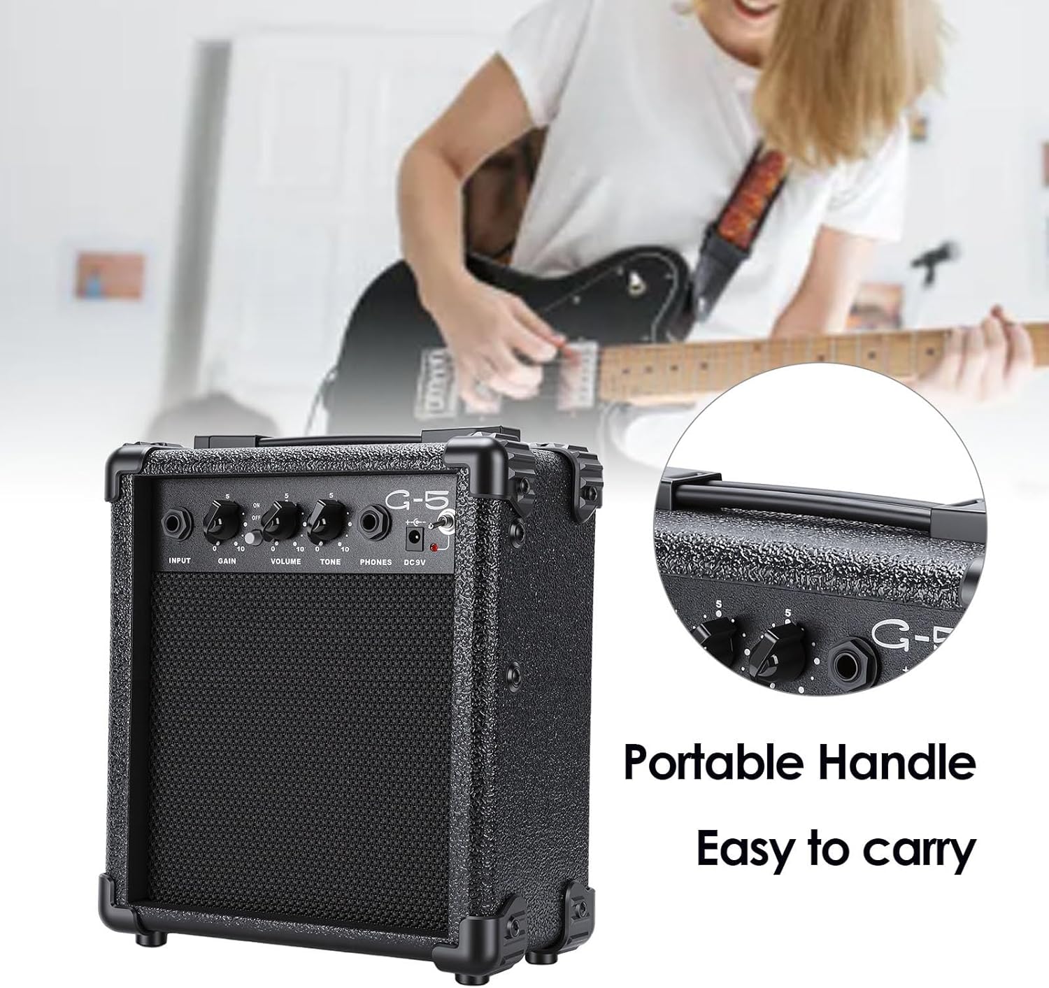 Drfeify Guitar Speaker, 5W Mini Portable Outdoor Wooden Electric Guitar Cabinet Amplifier Speaker with Headphone Jack Ideal for Daily Practice