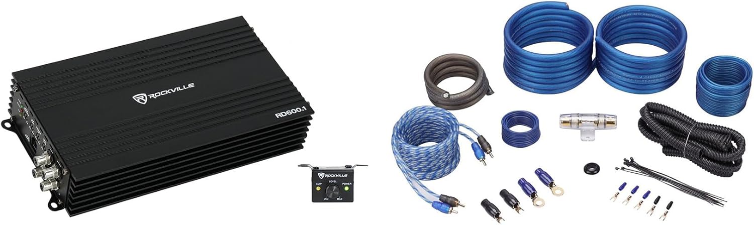 Rockville Bundle: RD600.1 600w RMS 1-Ohm (2400w Peak) Mono Amplifier Car Audio Amp Bundle with RWK41 4 Gauge Complete Car Amp Wiring Installation Wire Kit with RCA's (2 Items)