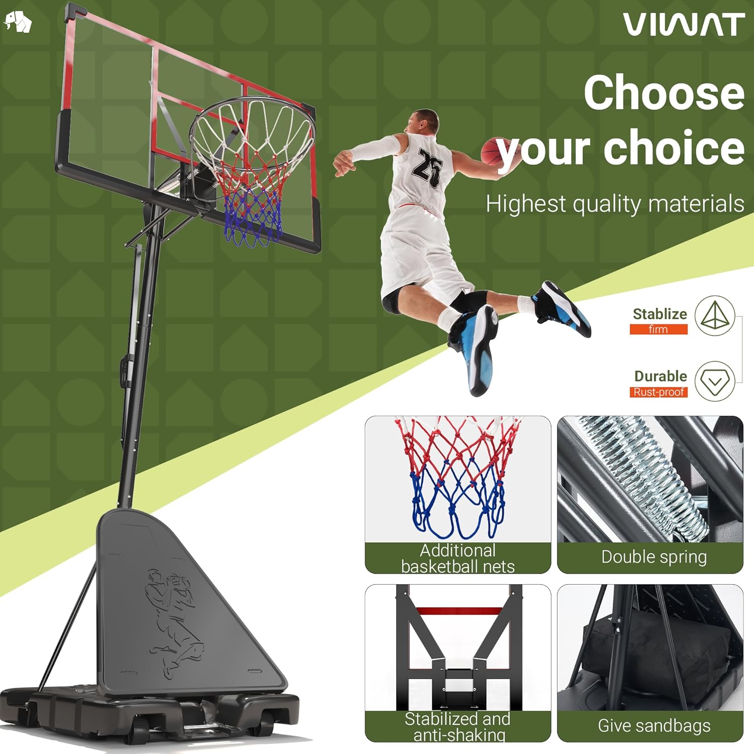 VIWAT Basketball Hoop Outdoor 4.4-10FT Adjustable Kids Basketball Hoop Indoor Basketball Goal 45’’PC Shatterproof Backboard Portable Toddler Basket Ball Hoop for Kids/Adult Basketball Accessories Net