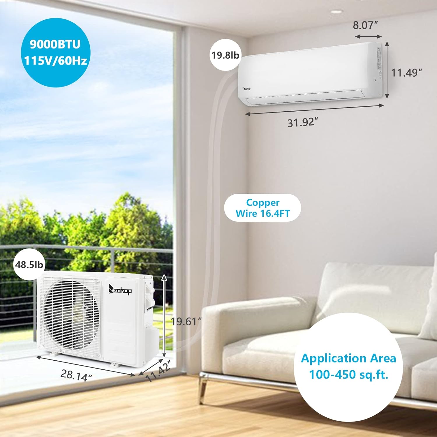 Winado 9,000 BTU Mini Split Air Conditioner Inverter, 19 SEER 115V Energy Saving Split-System AC w/Pre-Charged Condenser, Heat Pump, WIFI Remote Control, Installation Kit, Cools Up to 450 Sq. Ft.