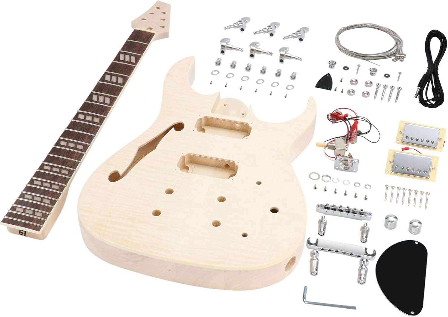 DIY Electric Guitar Kit Beginner Kit 6 String Right Handed with Flamed Maple Veneer Top Basswood Body Hard Maple Neck Rosewood Fingerboard Chrome Hardware Build Your Own Guitar.