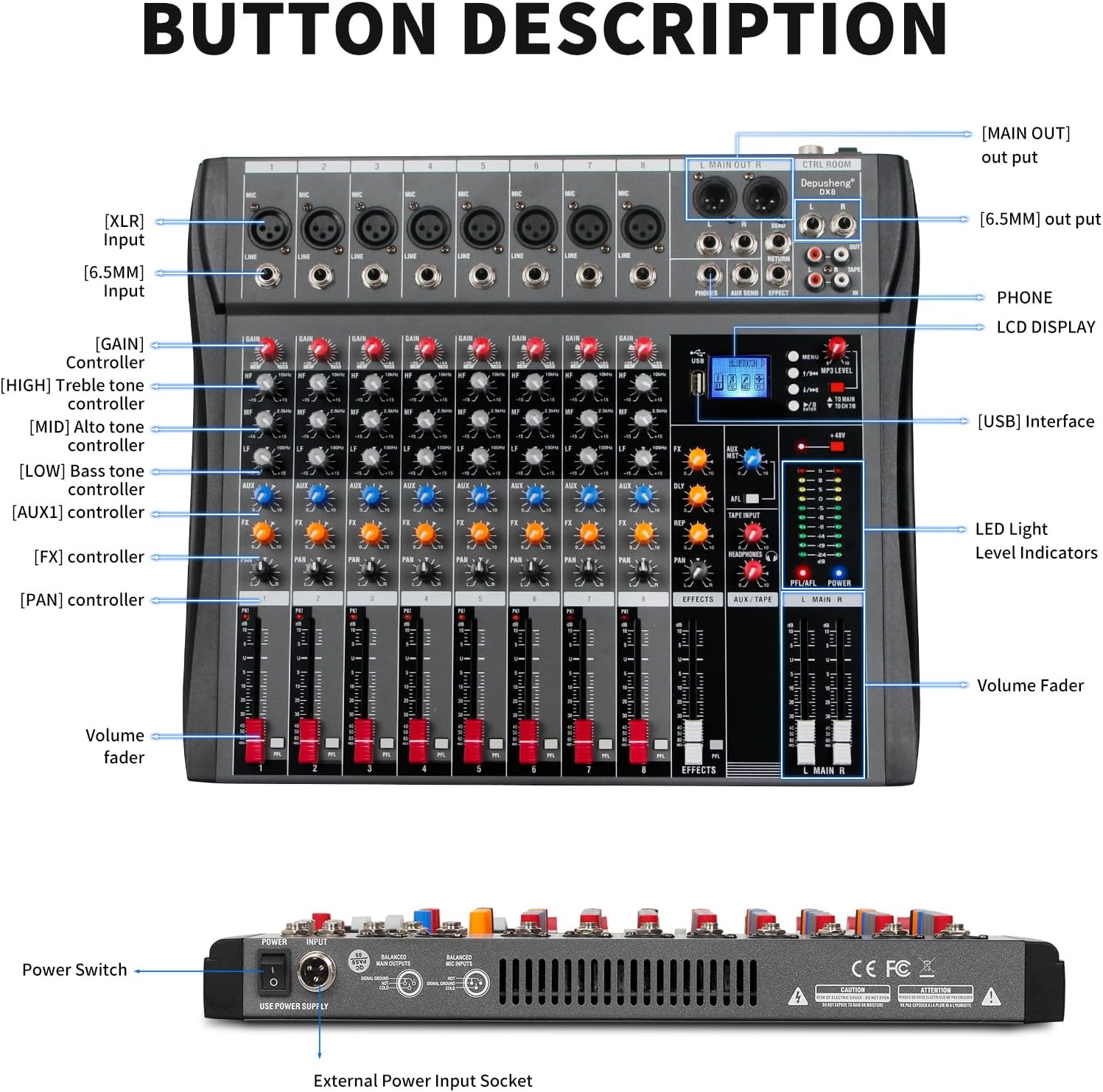 Depusheng Audio Mixer Professional 8 channel,DX8 Sound Board DJ Mixing Console System Interface USB MP3 Input Bluetooth 48V Phantom Power,Black, USB Audio Mixer for PC,for Studio Karaoke Live Music