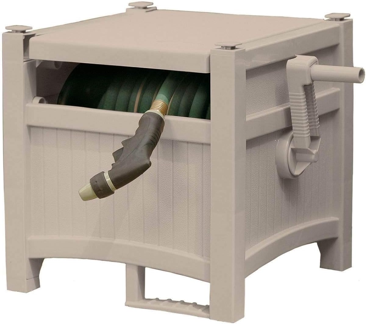 Suncast 100 Foot Capacity Hideaway Garden Hose Reel for 1.9 inches Hose Outdoor Storage with Stay Up Lid and Crank Handle, Taupe 2 Pack