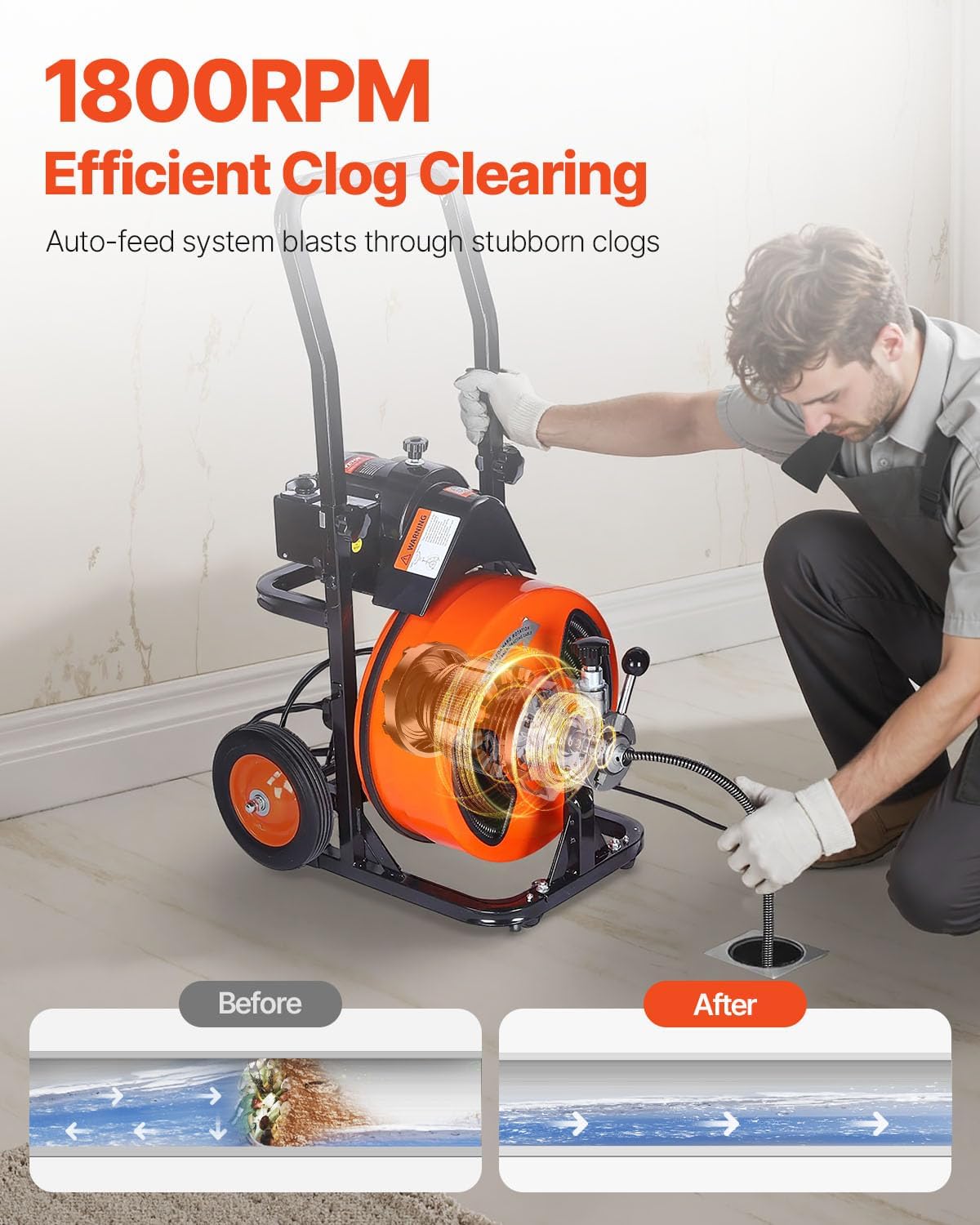 VEVOR Drain Cleaning Machine 50 FT x 1/2 Inch, Sewer Auger Auto Feed with 4 Cutter & Air-activated Foot Switch for 2