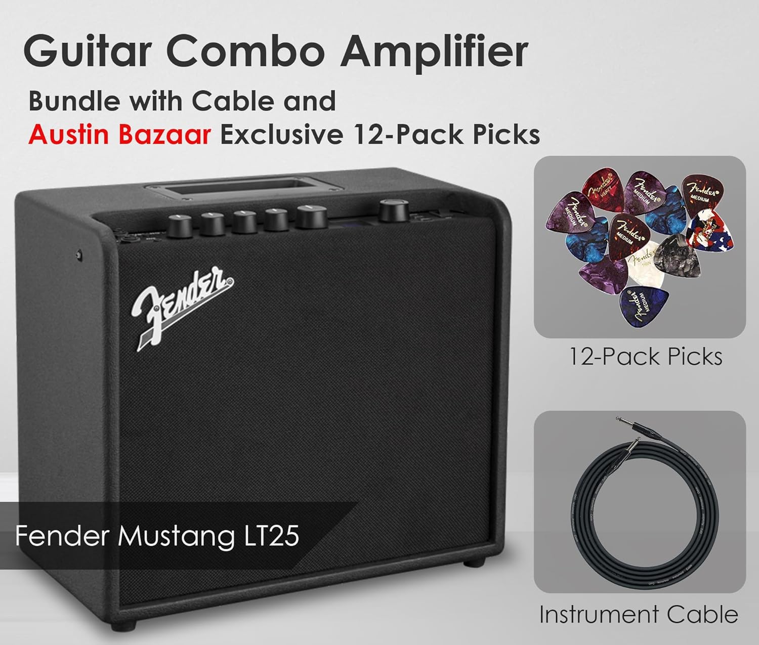 Fender Mustang LT25 Guitar Combo Amplifier Bundle with Cable and Austin Bazaar Exclusive 12-Pack Picks