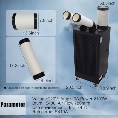 Industrial Spot Cooler Air Conditioner Commercial Portable Air Cooler 15400 Btu/h Mobile for Outdoor Indoor Workshops 220V
