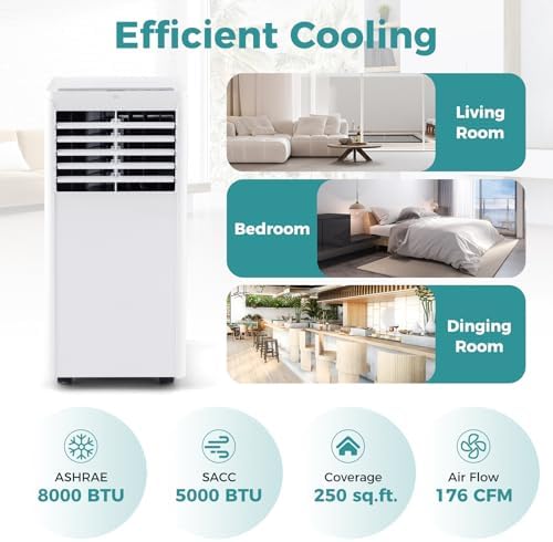 ARLIME 8000 BTU Portable Air Conditioner, 3-in-1 AC Unit with Dehumidifier & Fan, Sleep Mode & 24H Timer, Air Cooler w/Remote Control, Cools Up to 250 Sq.FT, Detachable Filter, Window Kit Included