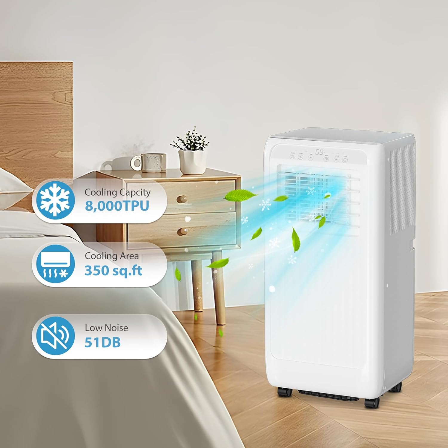 8000BTU Portable Air Conditioners, Portable Ac Unit Cools Up To 350 Sq, With Touch Remote Control, 24h Timer Air Cooler For Bedroom Office