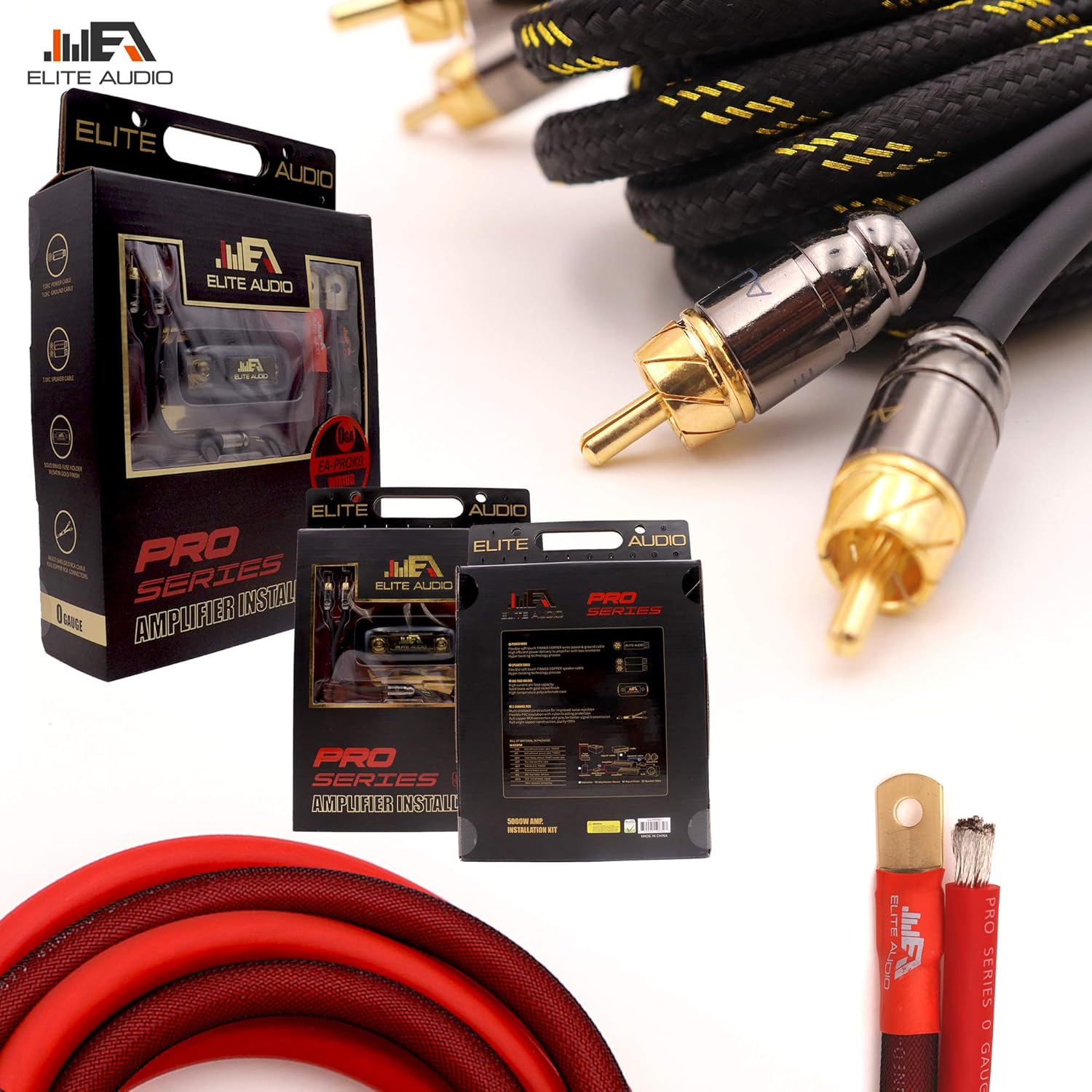 Elite Audio EA-PROK0 + EA-PRO3 Pro Series Amplifier Wiring Kit Bundle with 2-Channel RCA Combo - 5000W Max Power, 0GA Cables, Dual RCA Sets, ANL Fuse and Holder