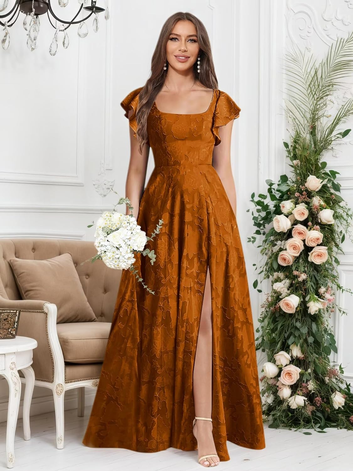 Floral Bridesmaid Dresses Long Square Neck Short Sleeve Formal Evening Gowns with Slit