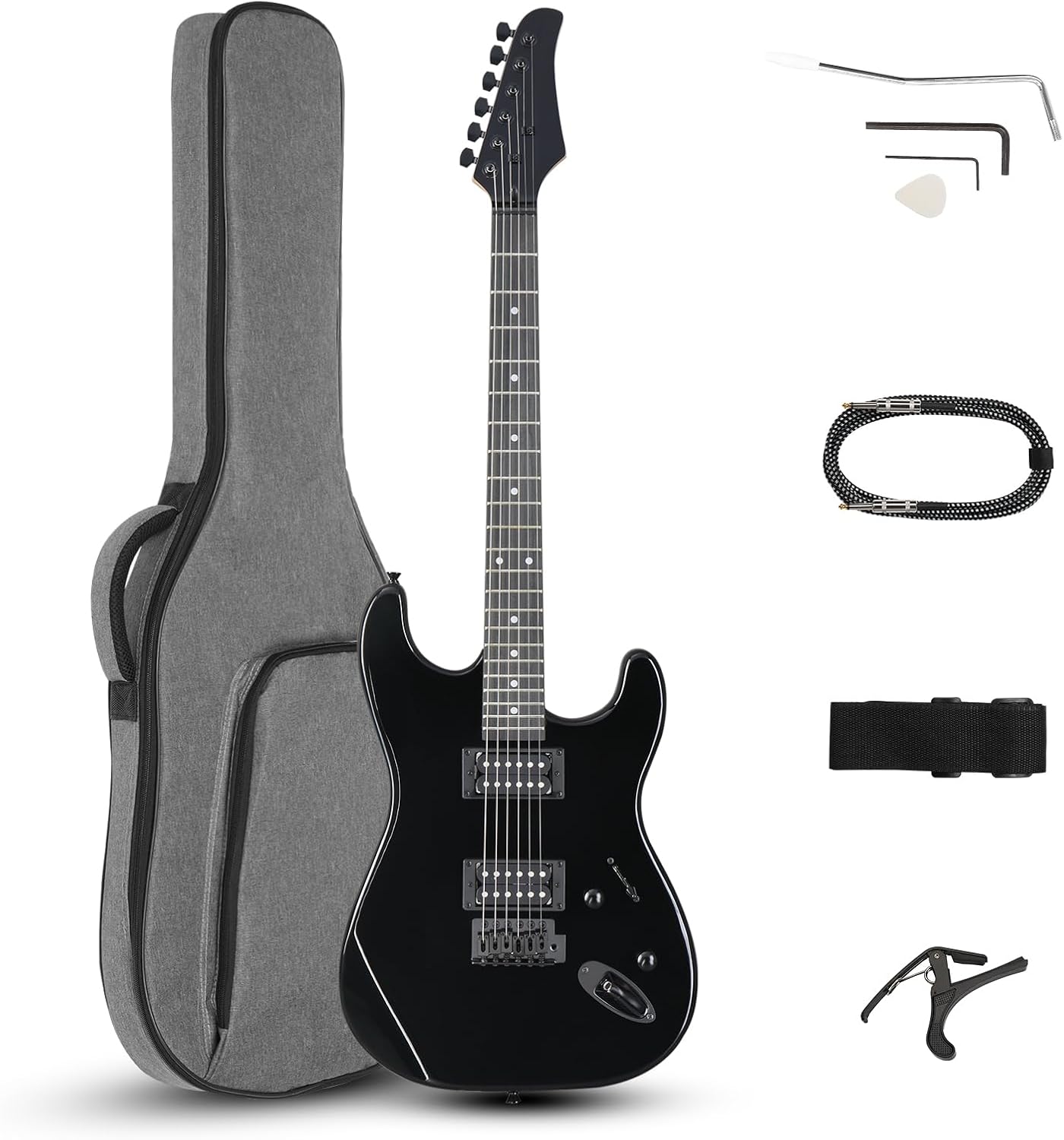 Ktaxon 39 Inch Electric Guitar, Full-Size Solid Body Electric Guitars Kit with Thickened Bag, H-H Pickups, Capo, Upgrade Cable for Beginners, Intermediate & Professional (Bright Black)