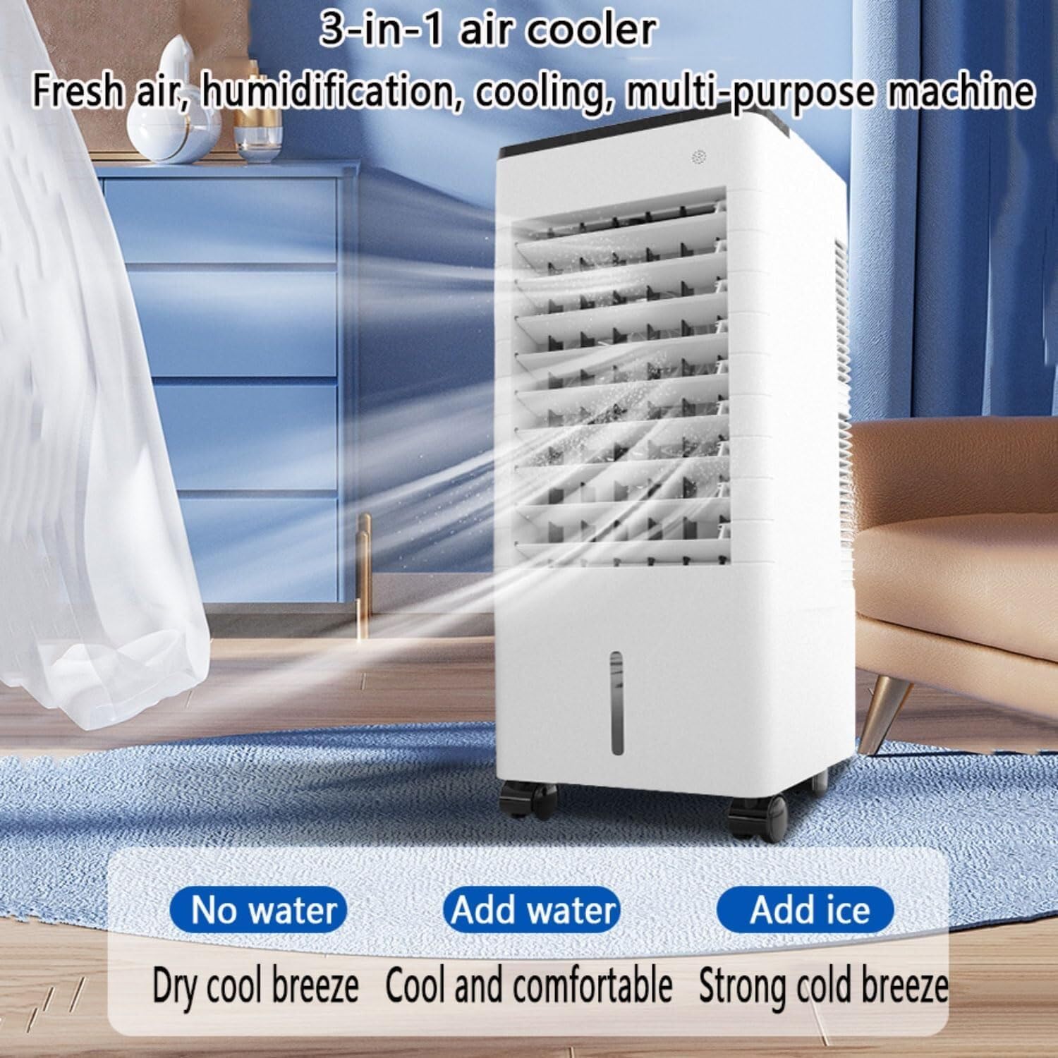 Swamp Cooler 3-in-1 Evaporative Air Cooler with Display & Remote, 12H Timer, 3 Speeds, 90° Oscillation, Ice Cooling for Home & Office, Windowless Portable Air Conditioner