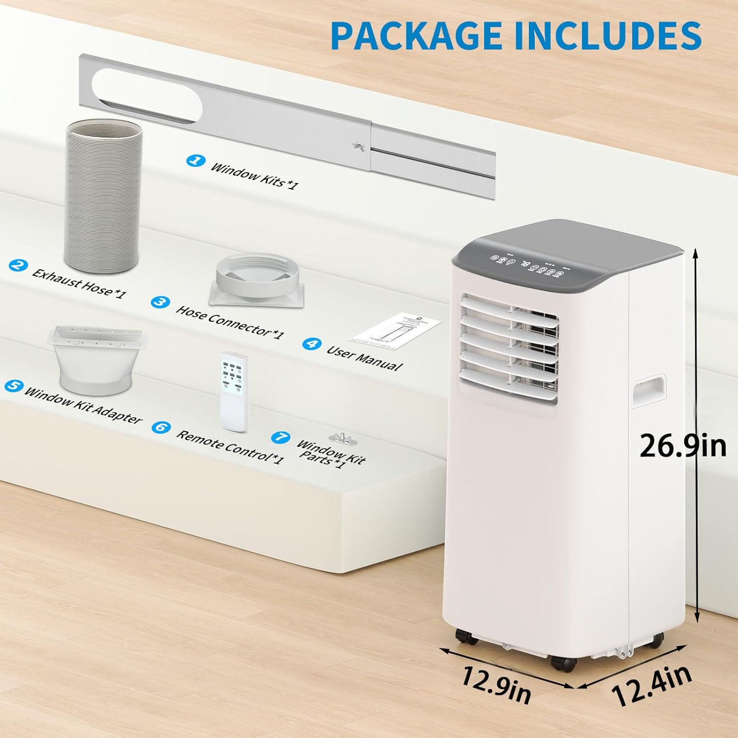 8000 BTU Portable Air Conditioner with Dehumidifier and Fan, Quiet Cooling for Rooms Up to 450 Sq Ft, 24 Hour Timer with Window Kit for Bedroom and Office