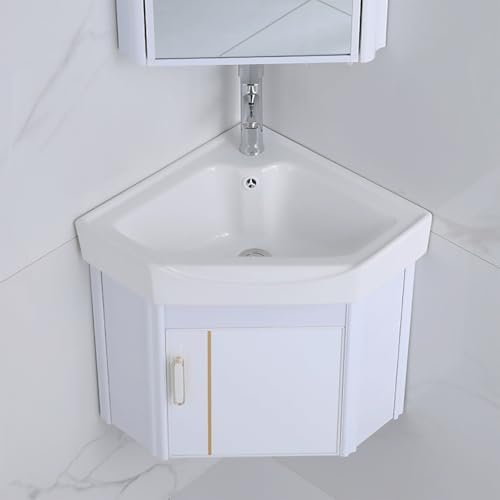 Corner Ceramic Bathroom Sink with Vanity Cabinet, Wall Mount Design, Space-Saving Storage Container, Complete Set with Faucet & Drain (White, 38cm/15in)