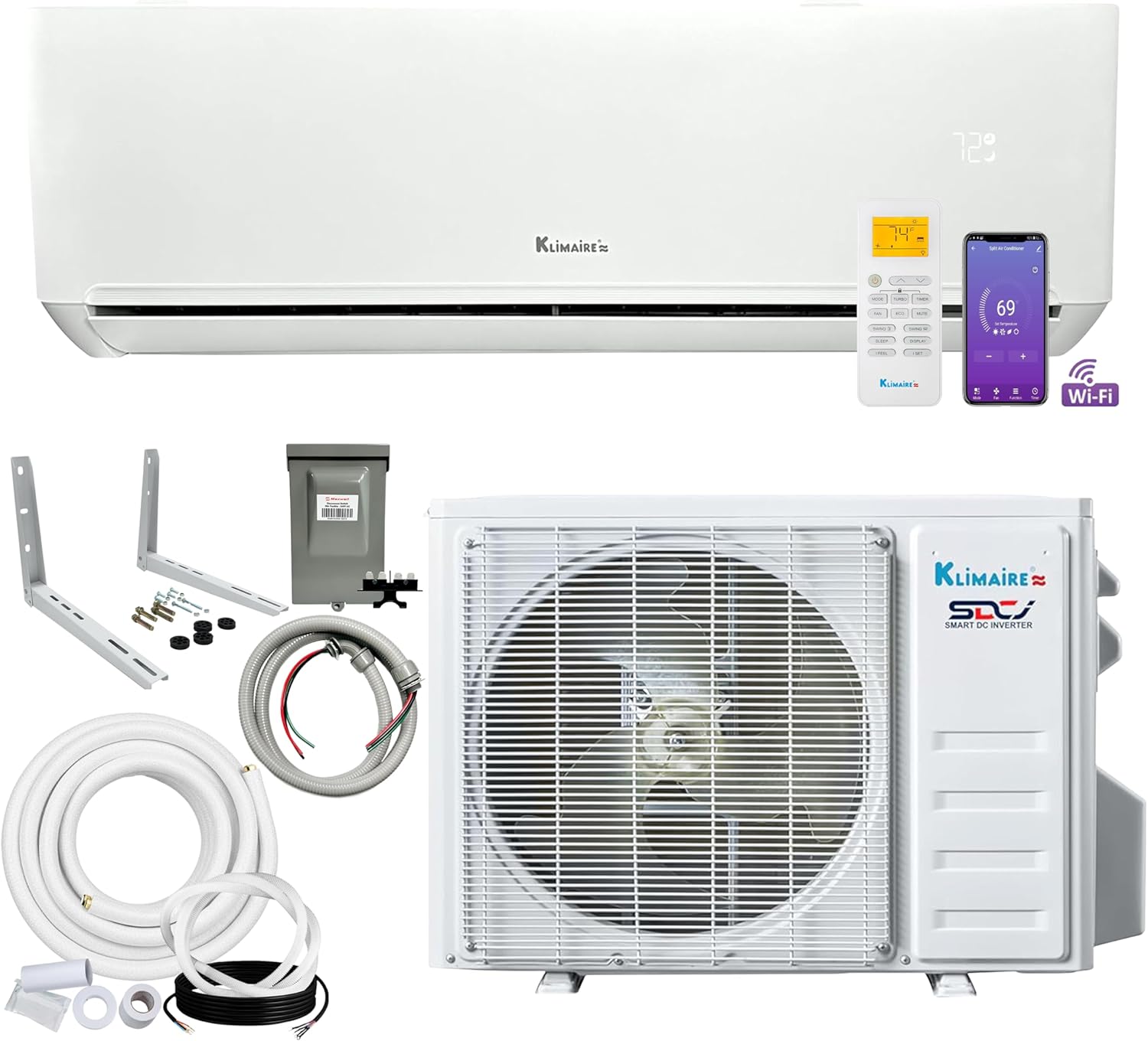Klimaire 12,000 BTU 23 SEER2 Wall Mounted Ductless Mini Split Inverter A/C Heat Pump System w/ 16’ Installation Kit & Wall Mounting Bracket 230V