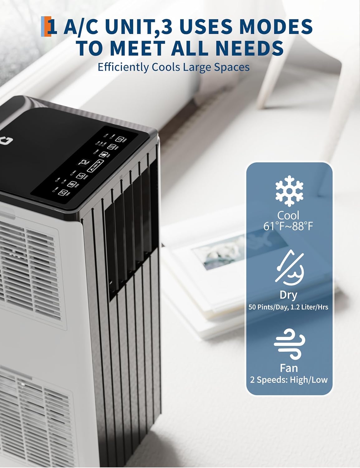 8,000 BTU 3 in-1 Portable Air Conditioner with Built-in Dehumidifier Function, Fan Mode, Remote Control, Complete Window Mount Exhaust Kit