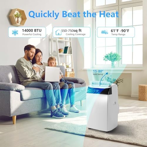 14,000Btu Portable Air Conditioner - Cools Up to 750 Sq.Ft,3-in-1 with Dehumidifier & Fan, Energy Efficient, Ultra-Quiet, Remote Timer Control for Home, Office, School