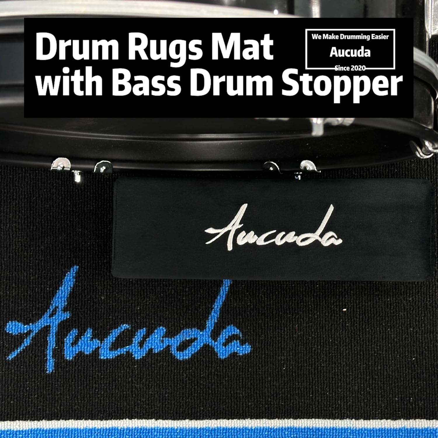 Aucuda Drum Rugs with Bass Drum Stopper, Drum Set Floor Mat, 4x6ft Electric Bass Drum Kit Pedal Carpet, Tightly Woven Fabric, Soundproof TPR Grip Bottom Accessories for Man, Apartment, Garage, Black.
