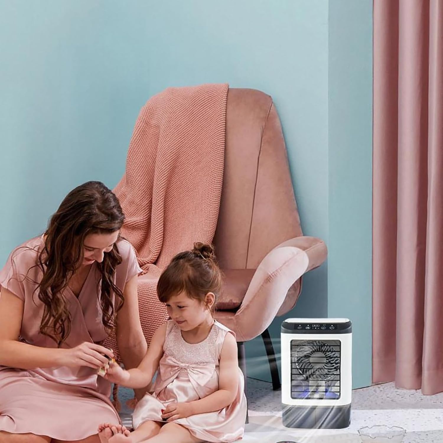 Portable Air Conditioners, Evaporative Air Cooler with 0.24Gal Water Tank, Built-In Ice Box, 3 Wind Speeds, 2-Stage Atomization, 7 Color Light, Swamp Cooler Fan for Room Bedroom Office