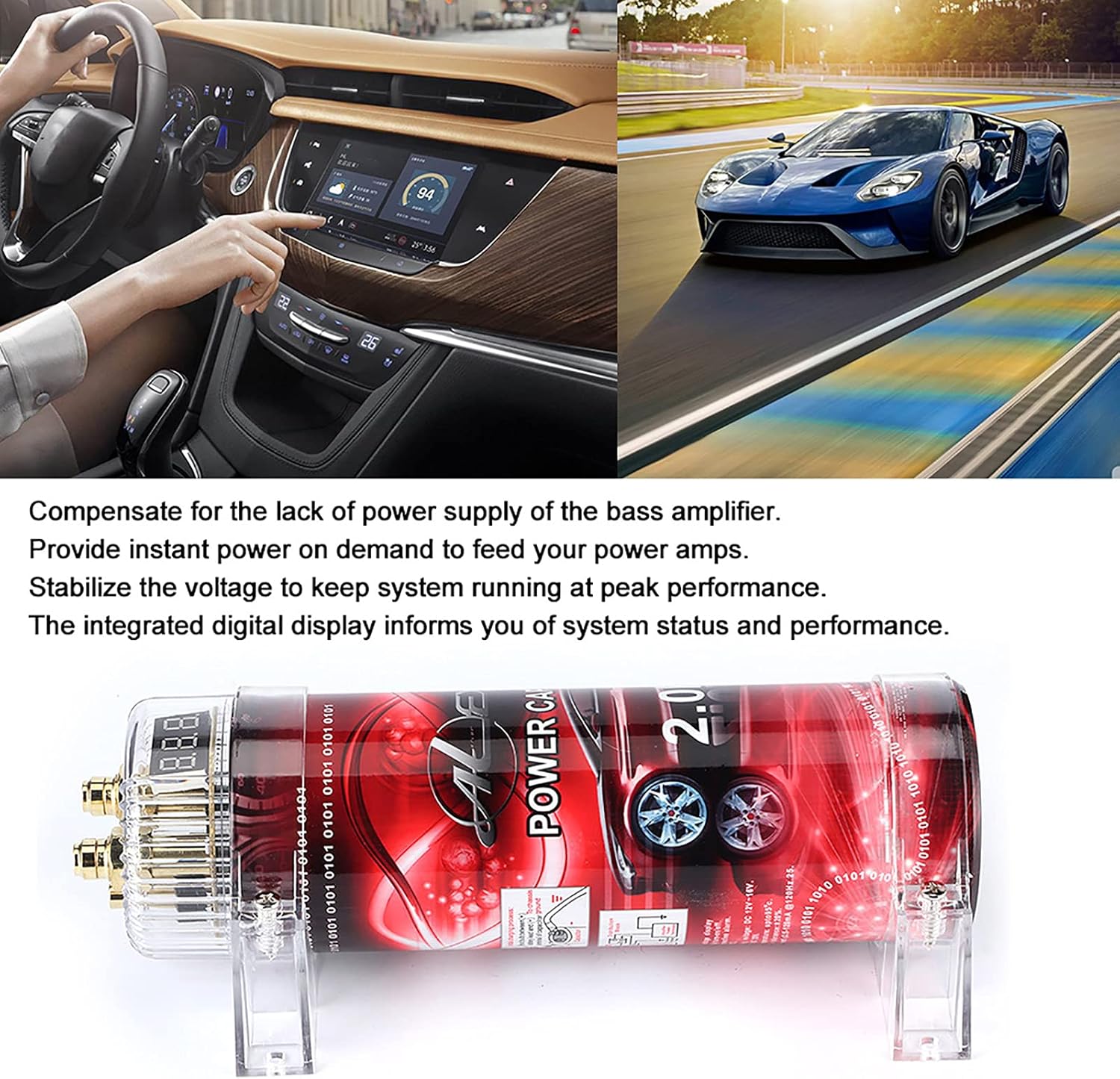 Estink Car Audio Power Capacitor, 2000W High Capacity Performance, Boost Bass Amplifier Power, Instant Power Supply, Integrated Digital Display, Easy Installation Process, Red LED