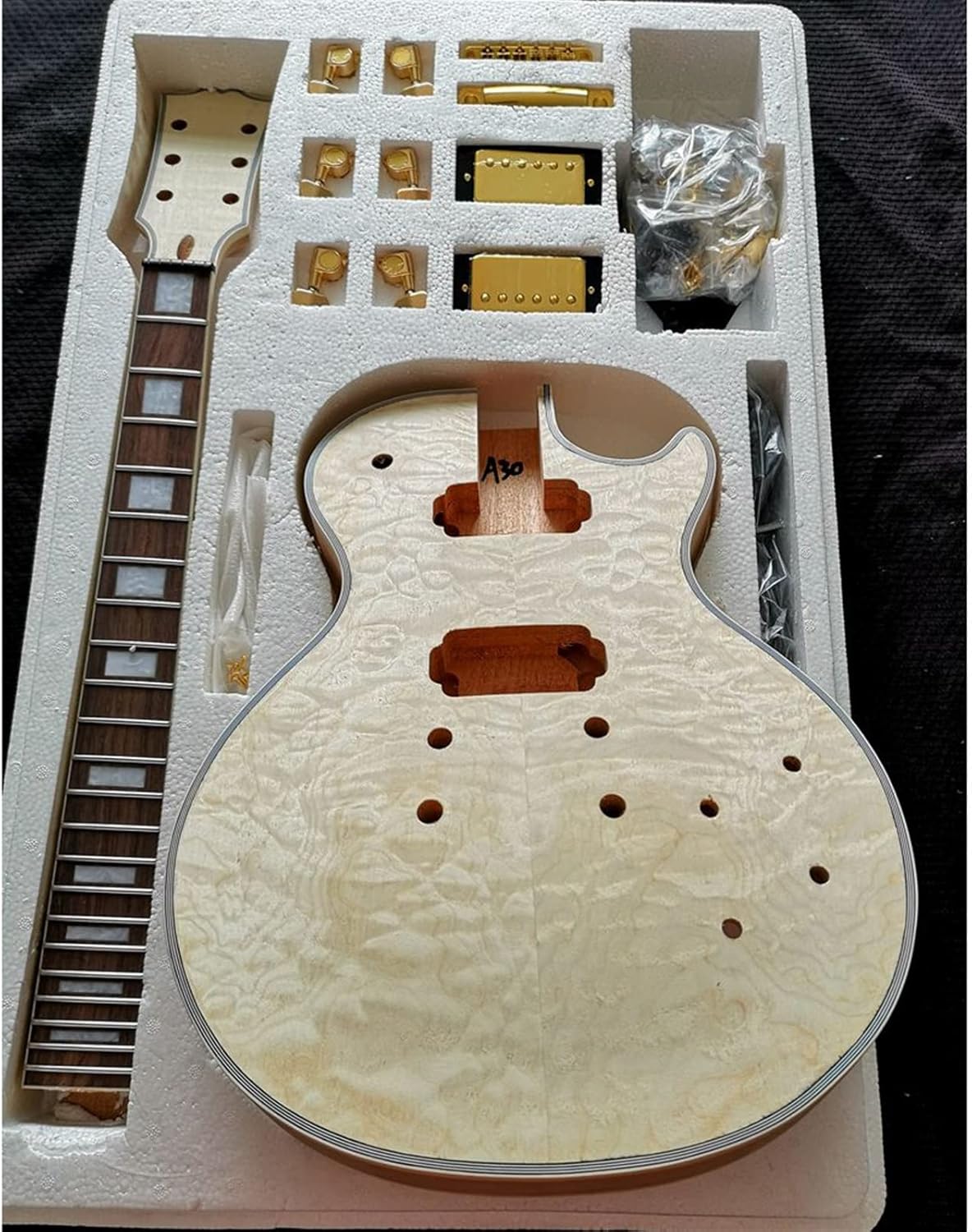 TSTS DIY Electric Guitar Kit Flame Maple Veneerr Mahogany Okoume Body Neck Fingerboard Unfinished Electric Guitar Kit