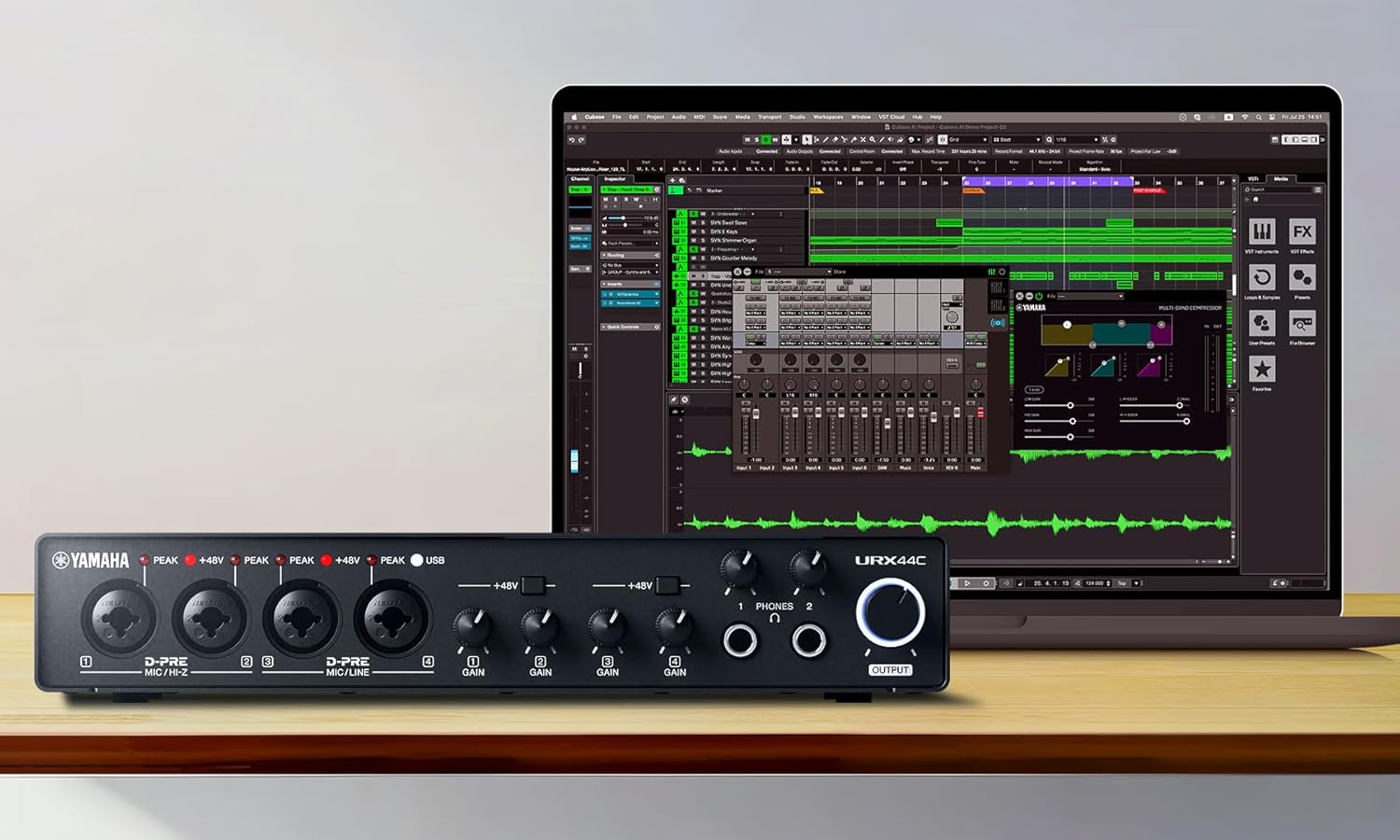 Yamaha 6-in/4-out USB-C Audio/MIDI Interface with 32-bit/192kHz Support, 4 combo and 2 Line Inputs, DSP-Powered Mixing/Effects, Steinberg Software Suite, Black URX44C