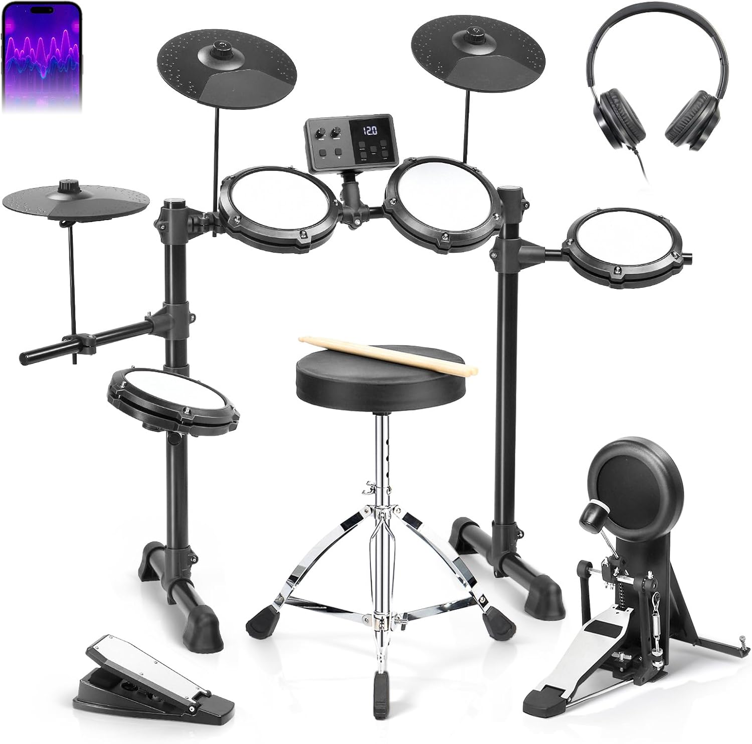 Ktaxon Electric Drum Set, Electronic Drum Set with Type-C Charging, USB MIDI & Quiet Mesh Drums, Premium Cymbals, Low-Noise Kick Pedal, Adjustable Throne, Headphones, Sticks and Velcro(Full)