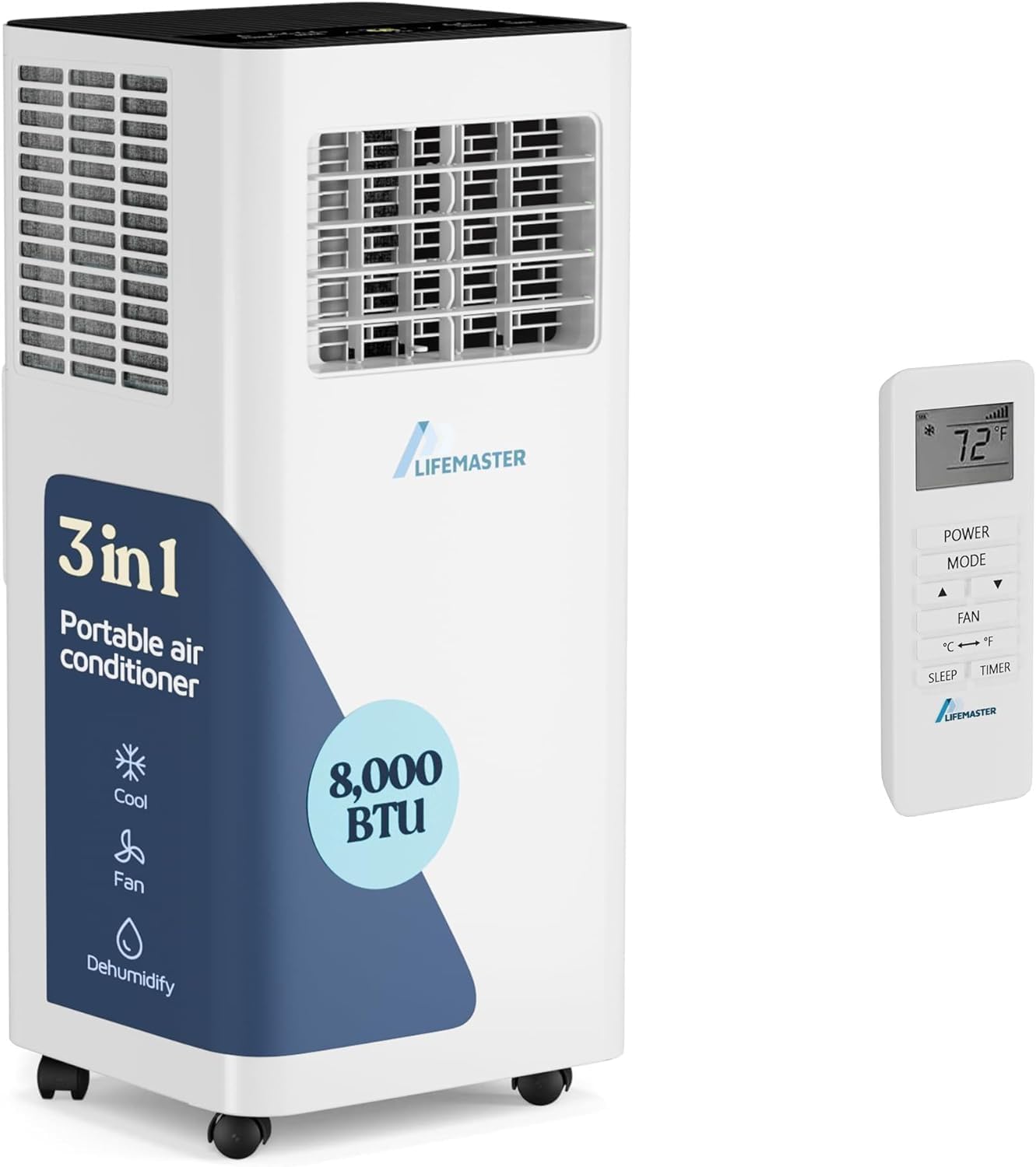 Lifemaster 3-in-1 Portable Air Conditioner, 8,000 BTU Rolling AC Unit with Cooling, Fan and Dehumidifier for Rooms up to 250 Sq. Ft., Remote Control, Digital Touch Panel, Window Kit Included, White