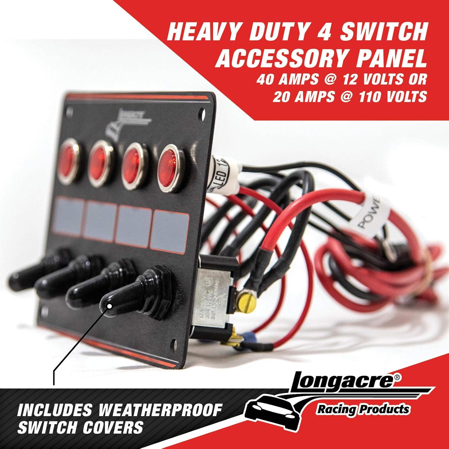 Longacre 52-44865 4 Switch Accessory Panel w/ 4 Pilot Lights, Black