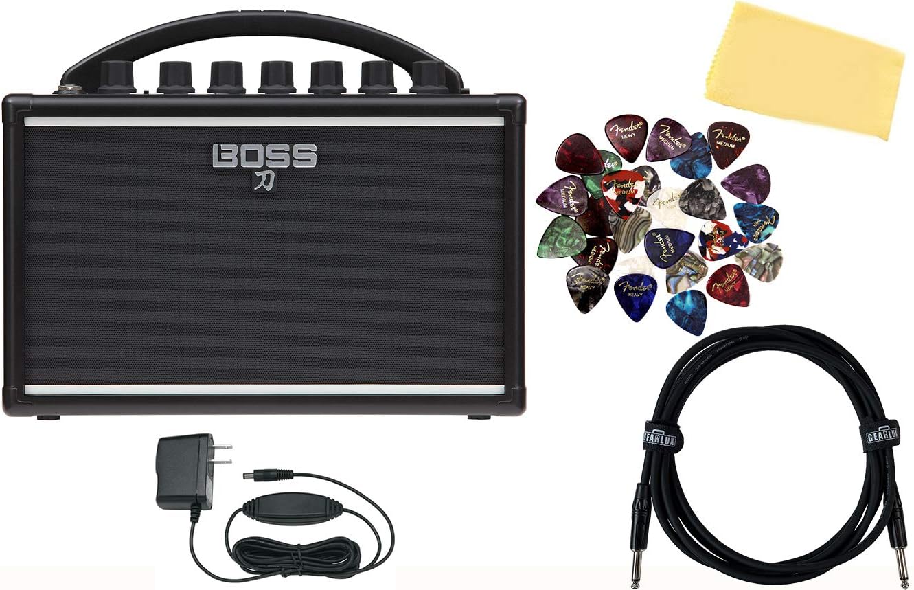Boss Katana Mini Guitar Amplifier Bundle with Gearlux Power Supply, Instrument Cable, Austin Bazaar Exclusive 24-Pack Picks, and Polishing Cloth