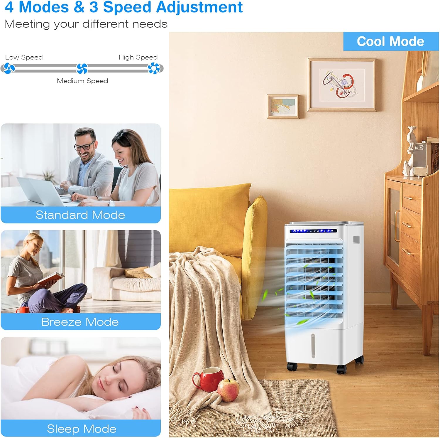 Evaporative Air Cooler, 3 in 1 Air Conditioner Fan with 3 Modes & 3 Speeds, Remote & 7H Timer, 80° Oscillation, Negative Oxygen Ion Function, Water Tank, Swamp Cooler for Home Office Dorm