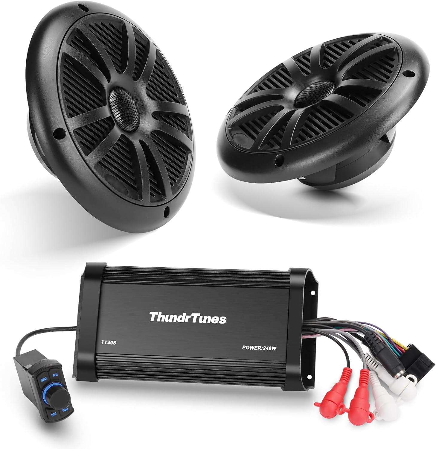 Marine Powersport Bluetooth Amplifier Audio System with 2pcs Black Speakers, Class D 60W x 4 CH, Switch Mount, Suitable for Motorcycle, UTV, ATV, Boat