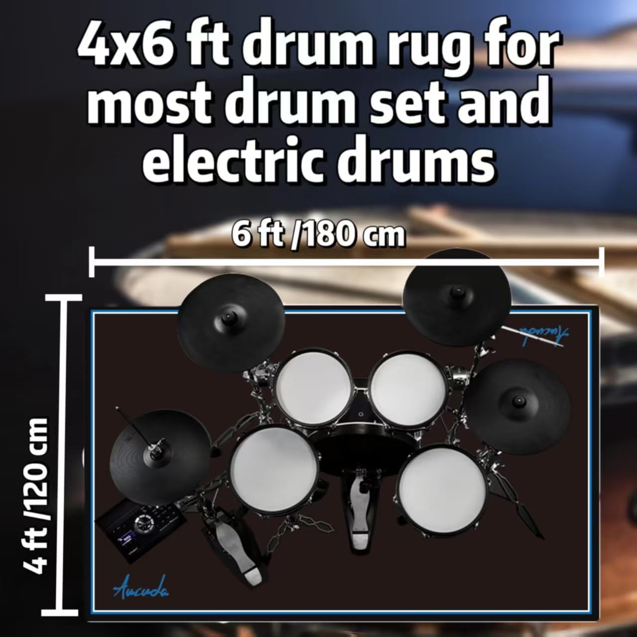 Aucuda Drum Rugs with Bass Drum Stopper, Drum Set Floor Mat, 4x6ft Electric Bass Drum Kit Pedal Carpet, Tightly Woven Fabric, Soundproof TPR Grip Bottom Accessories for Man, Apartment, Garage, Black.