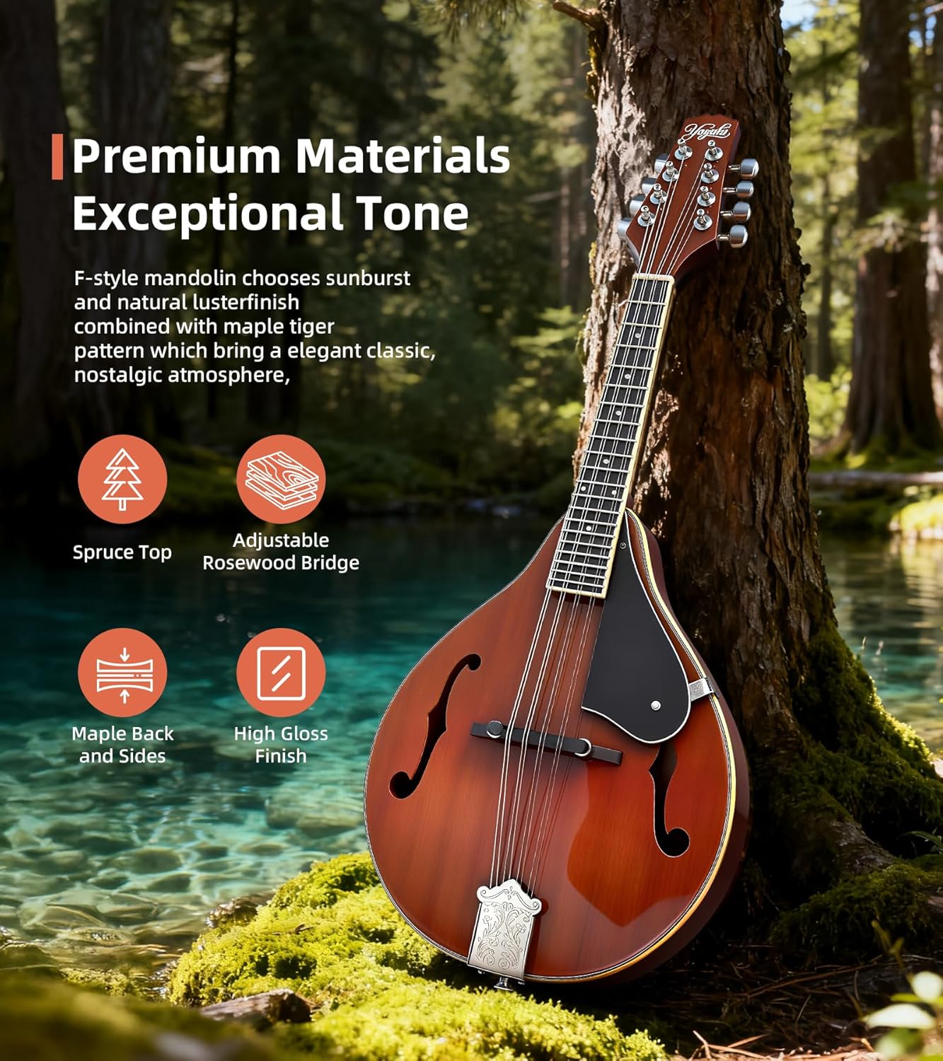 Mandolin Musical Instrument A Style, Acoustic Mandolin Instrument Kit Italian 8 String for Professional Beginners Adults Teens Youth Kids, Sunburst, Glossy