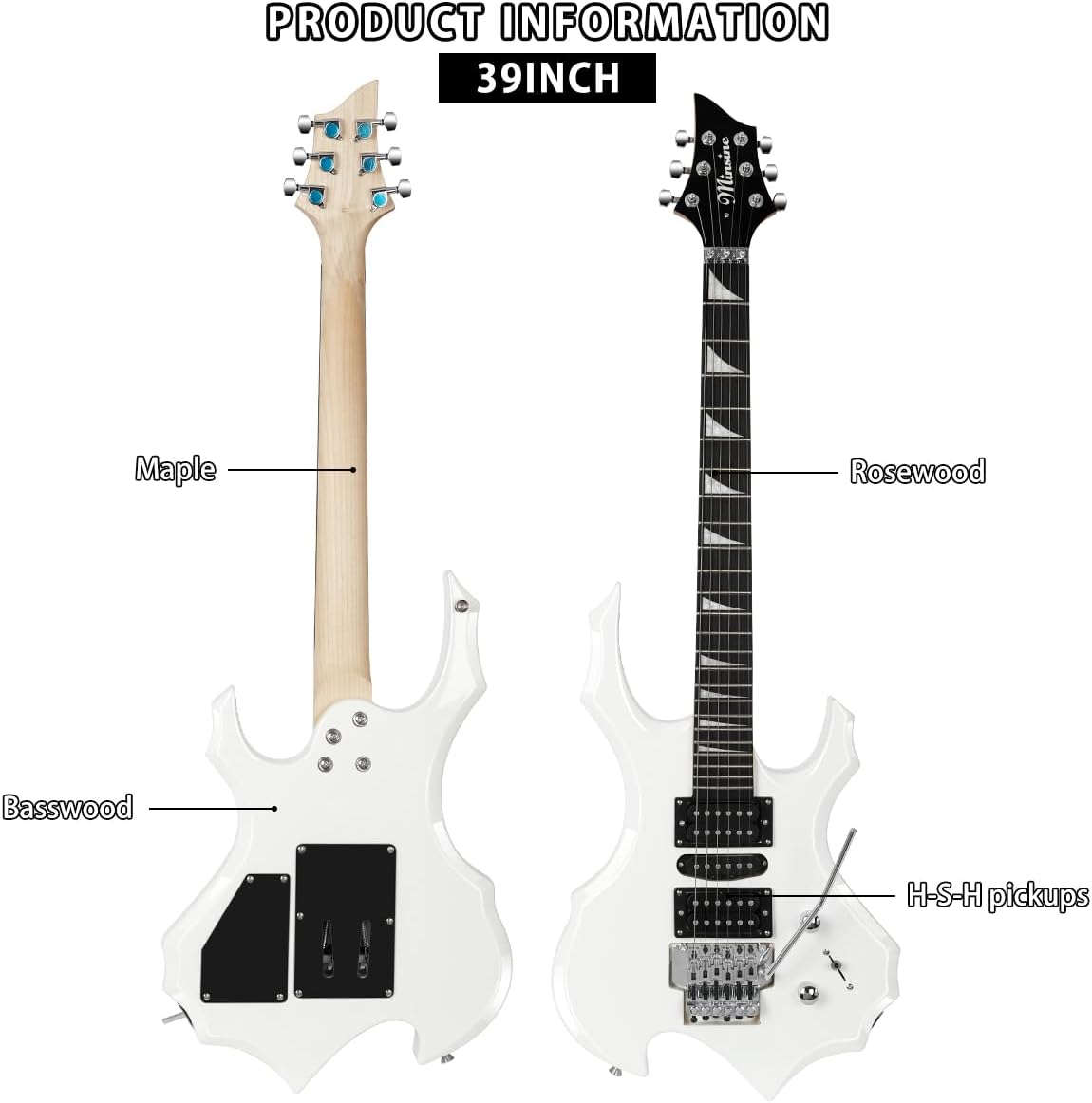 Electric Guitar Kit Flame Design with Rosewood Fretboard, Tremolo Bridge, HSH Pickups – Perfect for Beginners & Pros Solid Body Guitar MS200 (White)