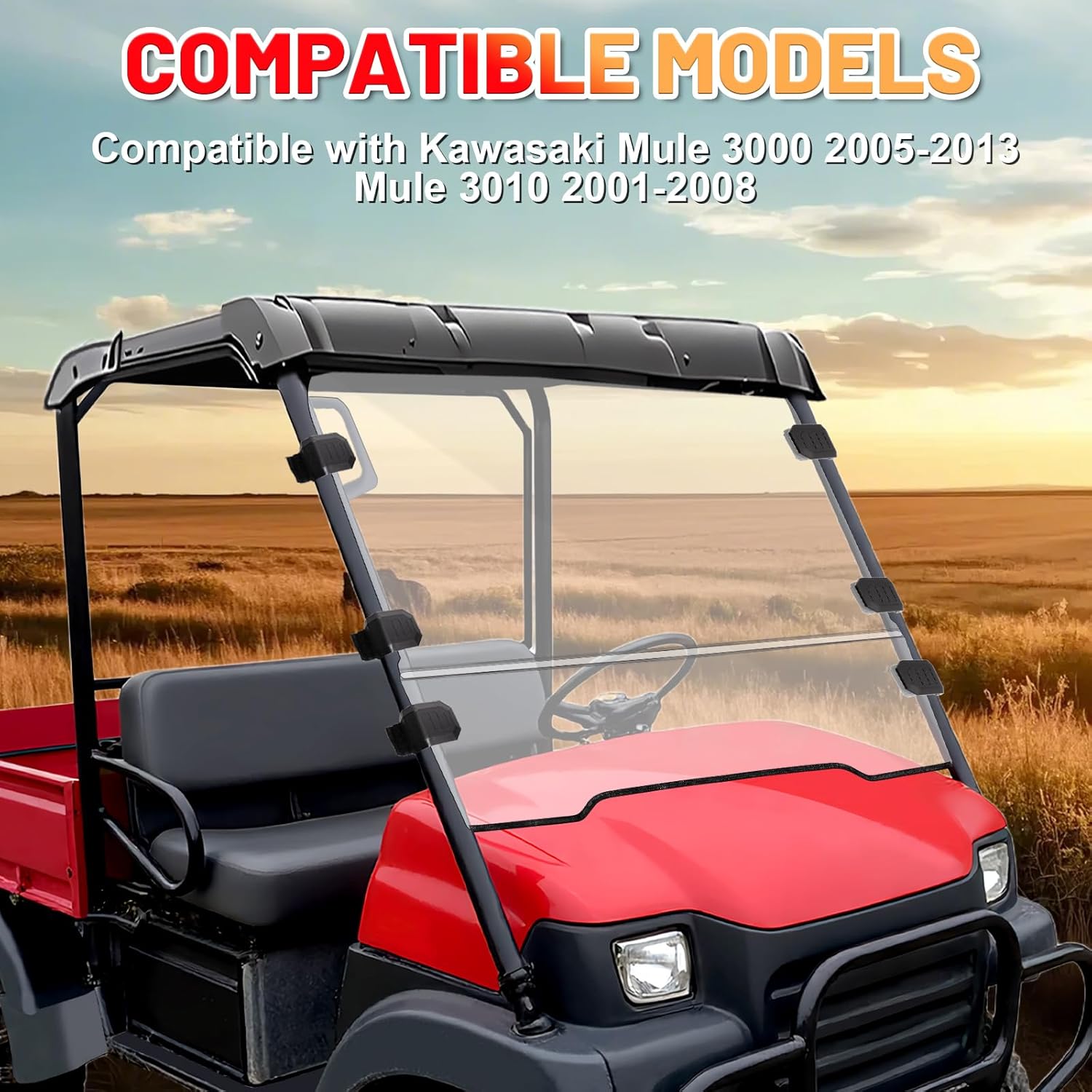 StarknightMT Front Windshield Compatible with Kawasaki Mule 3000 3010 2003-2013 Scratch-resistant Clear Full Windscreen for UTV Hard Coated 2-in-1 PC Window Heavy-duty Panel Anti-UV Accessories