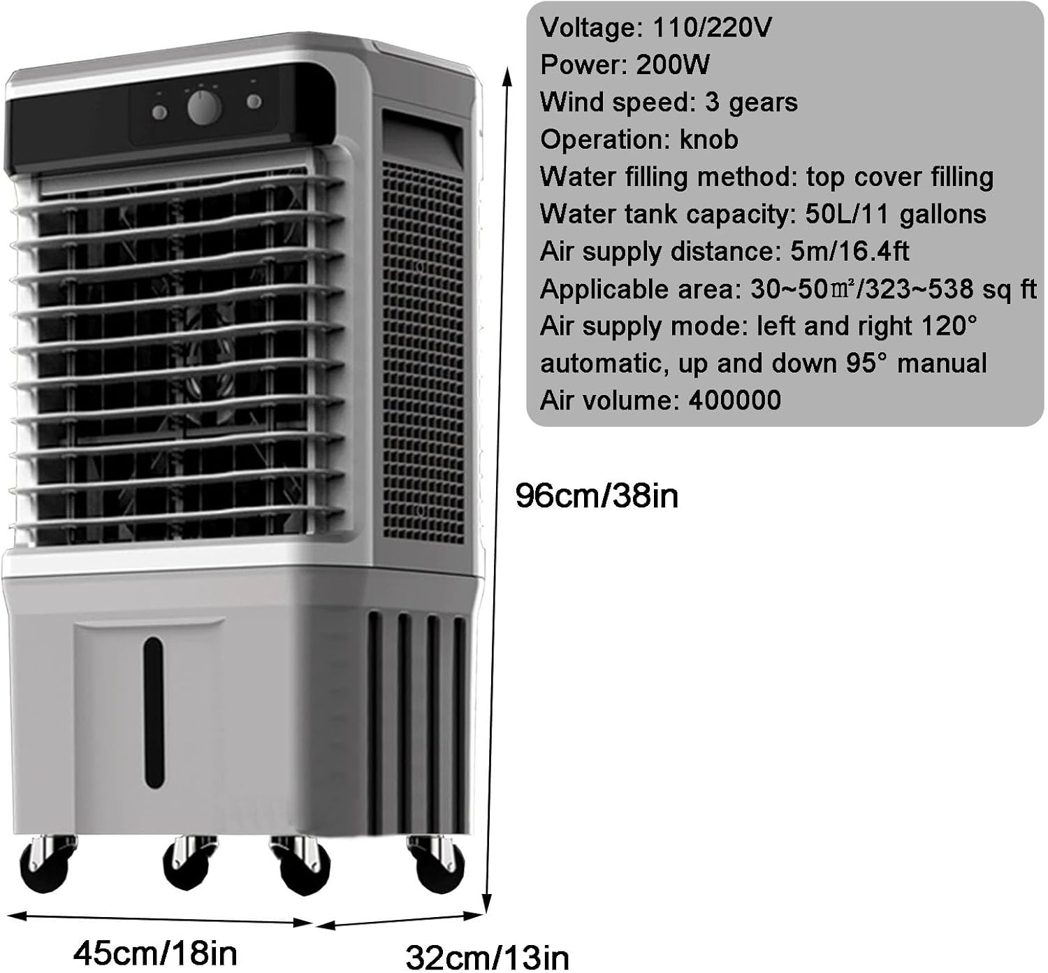 Portable Evaporative Air Cooler, Swamp Cooler with Knob, Portable Air Conditioner with 11 Gal Water Tank, 4 Ice Packs for Outdoor Indoor