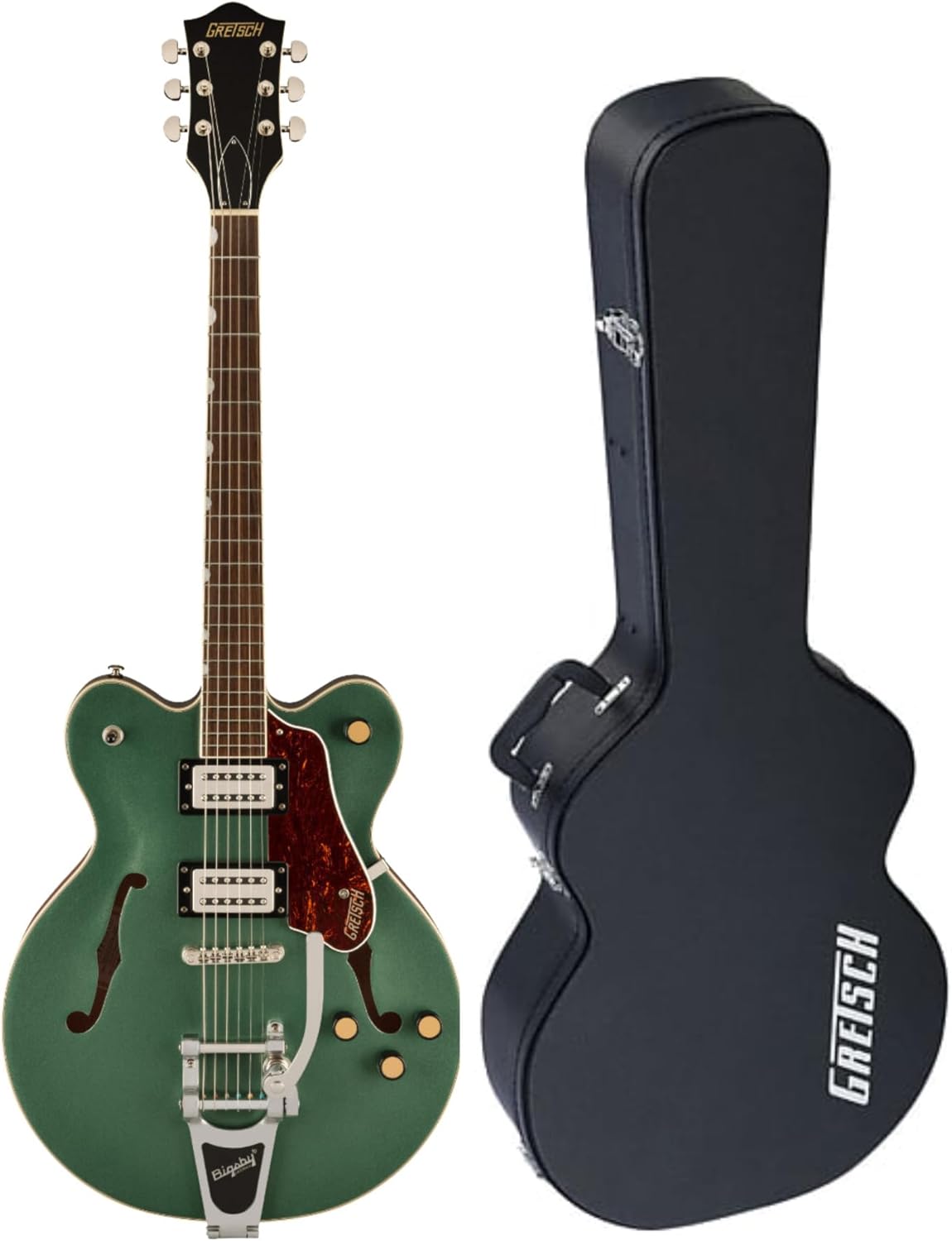 Gretsch G2622T Streamliner Center Block Double-Cut Electric Guitar (Steel Olive) with Broad Tron Pickups - Hollow Body Design Bundle with Plywood Construction Case (2 Items)