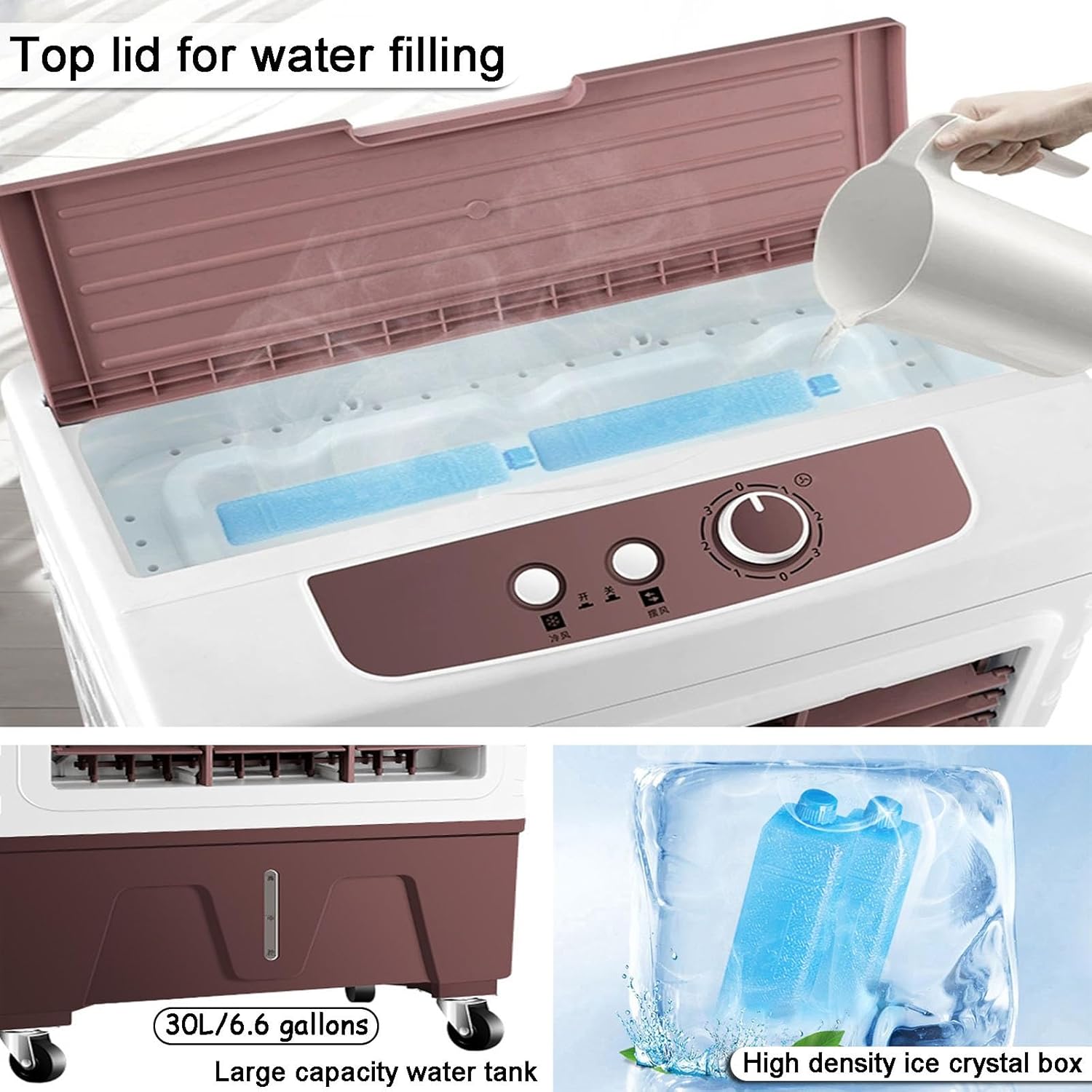 Evaporative Cooler, Knobs Air Cooler, Portable Air Conditioner with 30L/6.6Gal Water Tank, 3 Speeds and 2 Ice Packs for Outdoor Commercial Factory