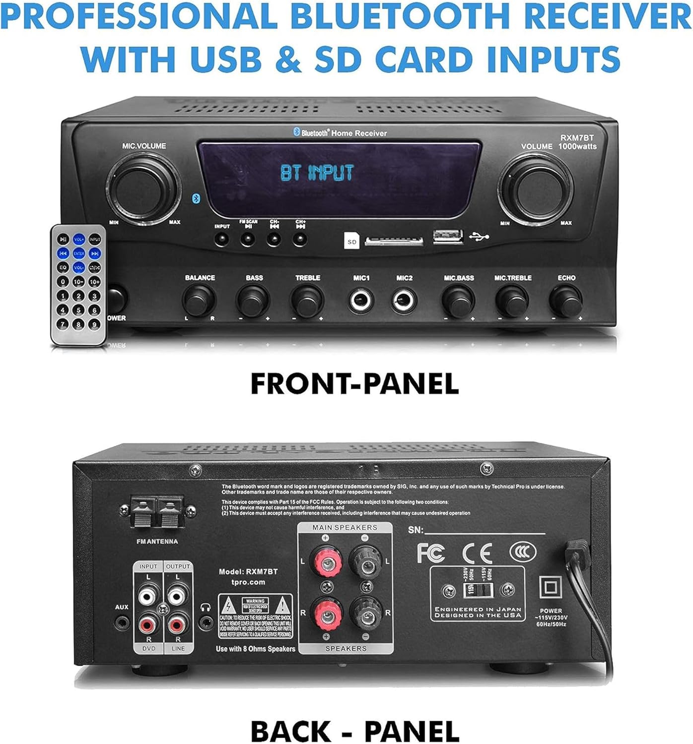 1000 Watts 2 Room Bluetooth Home Amplifier and Receiver with USB and SD Reader, (Qty 6) 6.5 Flush Mount in-Wall/in-Ceiling Stereo Speakers, Handheld Microphone with 10 Ft Cable