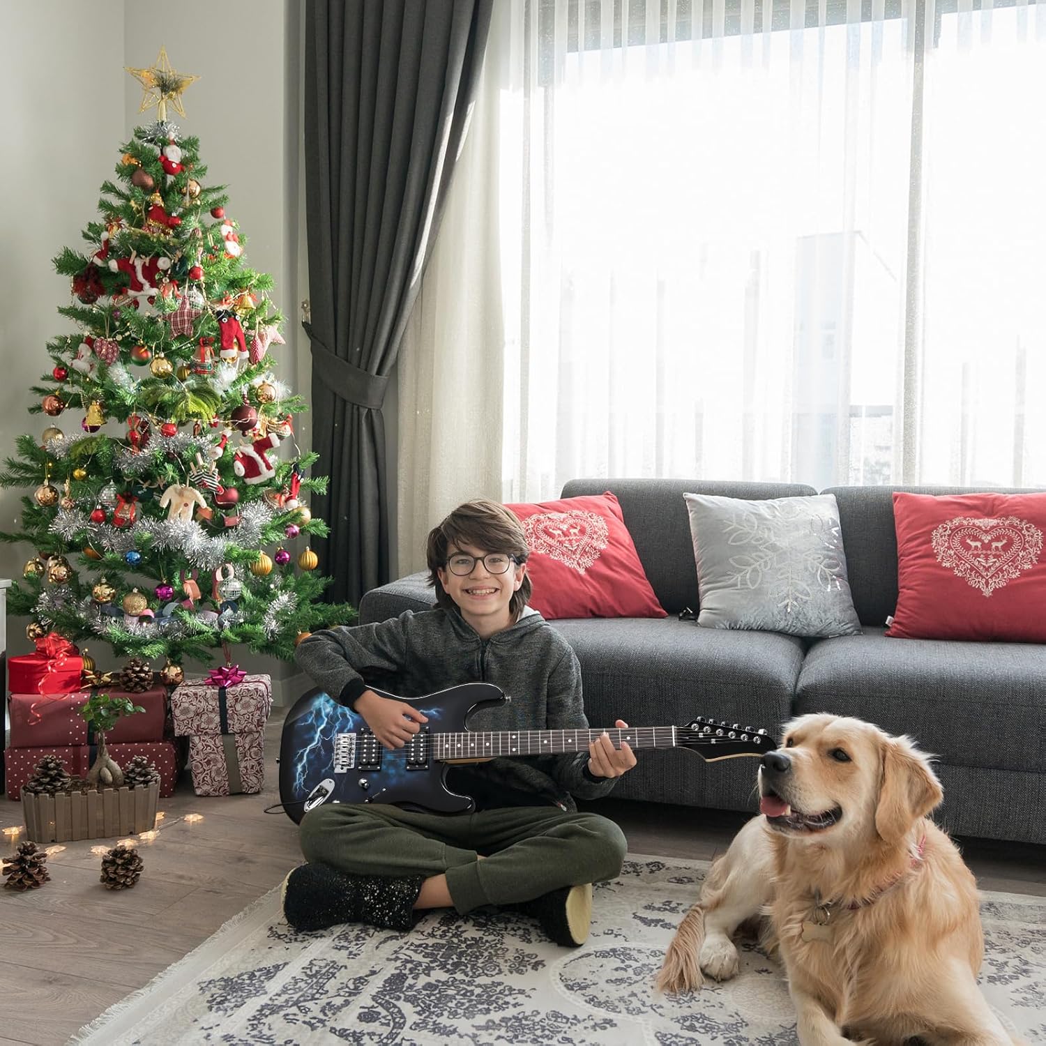 Full Size Electric Guitar, 39-Inch H-H Pickups Electric Guitars Kit with Shoulder Strap, Gig Bag, Cable and Tremolo Arm for Beginners