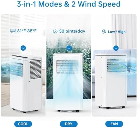 Advanced 3-in-1 Portable Air Conditioner, 10000 BTU with Dehumidifier & Fan for Rooms Up to 450 Sq. Ft, Remote Control & LCD Screen, Perfect for Bedroom, Office, or Dorm, Easy Setup, White