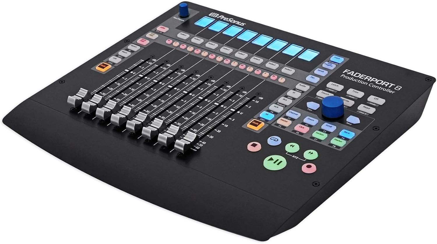 PRESONUS FADERPORT 8 USB 8-Channel Mix Production DAW Controller Mac/PC Bundle with JBL 104SET-BT Pair Active Studio Monitors and Pair Rockville RRS190S Foam Isolation Pads