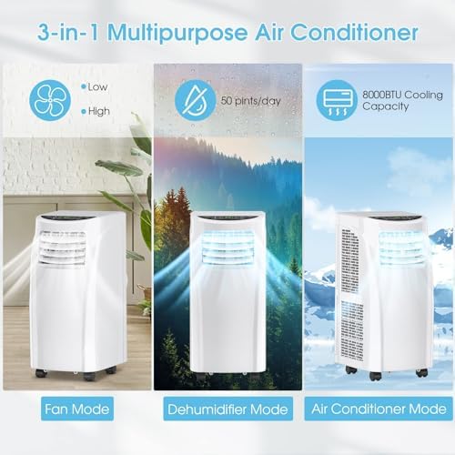 DORTALA Portable Air Conditioner, 8000 BTU 3-in-1 Floor AC Unit w/Dehumidifier Function, Fan Modes, Remote Control, Complete Window Wall Mount, 4 Caster Wheel, White