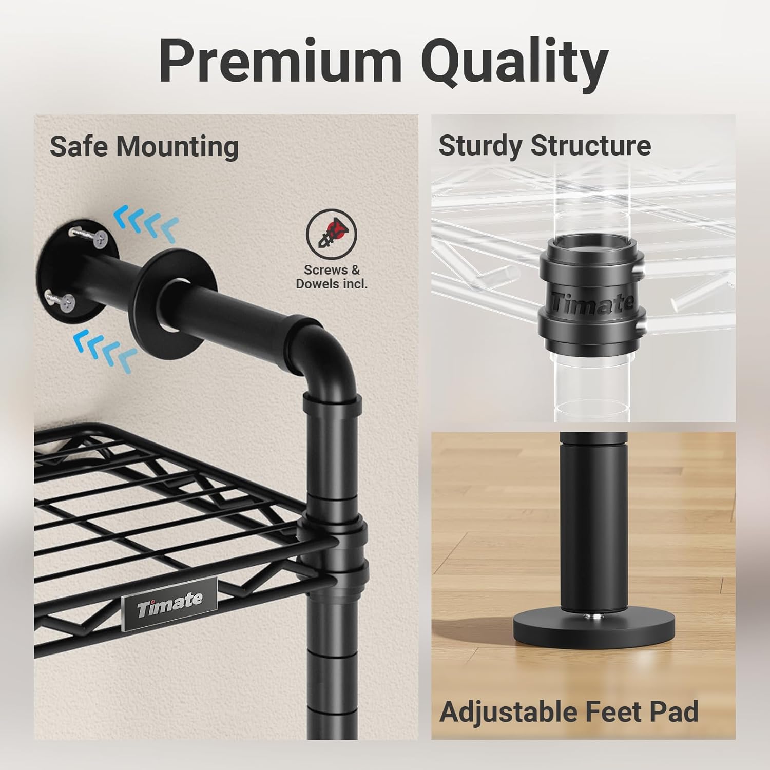 Timate L6 Closet Rack Wall Mount for Corner - Expandable Industrial Pipe Closet , Heavy Duty Hanging Garment Rack, Closet Organizer Storage Solution for Wardrobe, Bedroom, Walk-in Closets, Black